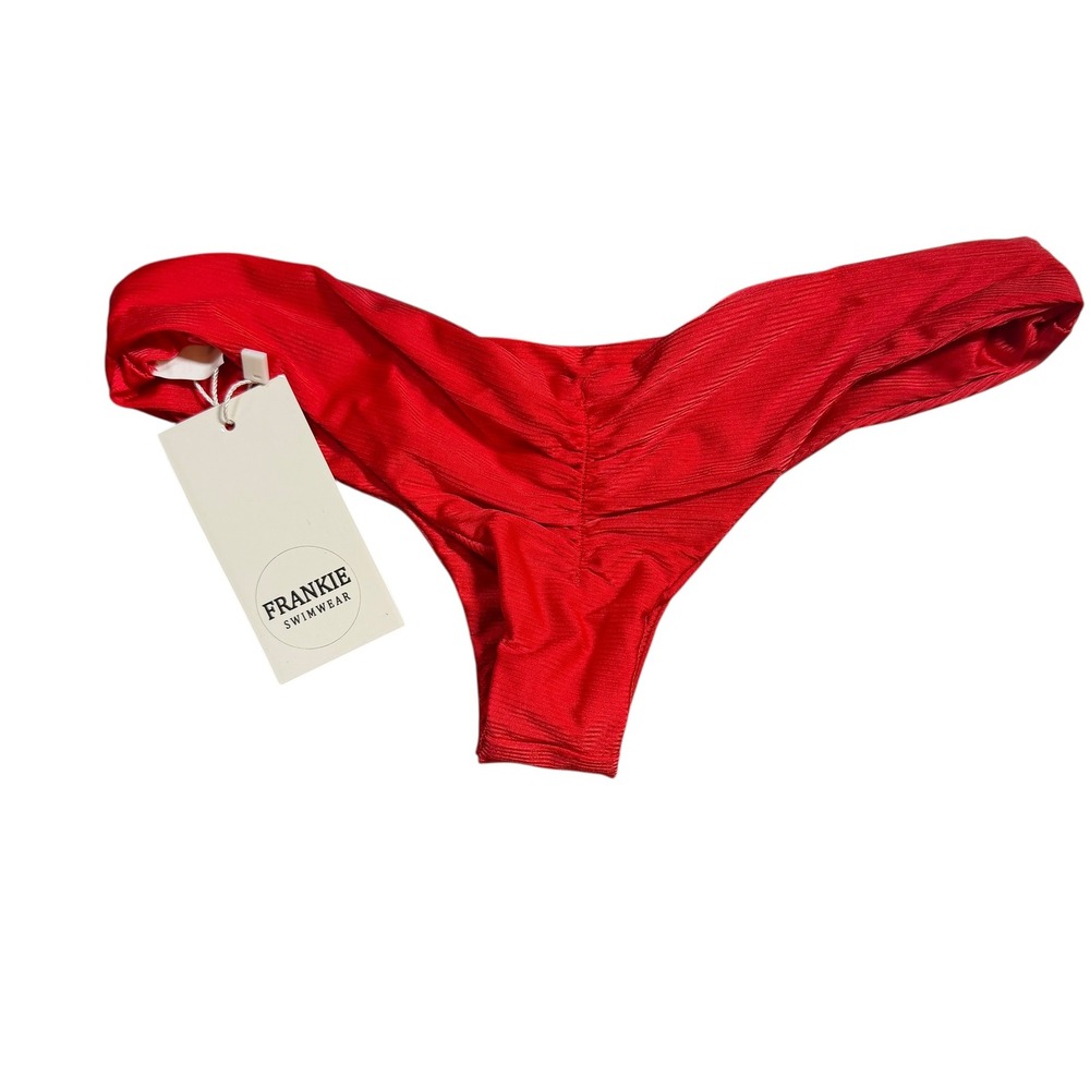 Frankie‎ Swimwear Bikini Bottoms Womens 6 Red Ribbed Ruched Cheeky New - Picture 2 of 3